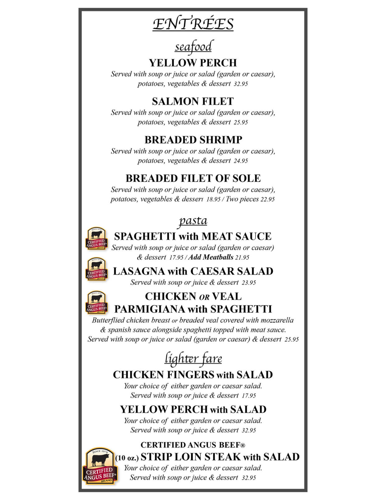 Entrees Menu The North Star Restaurant